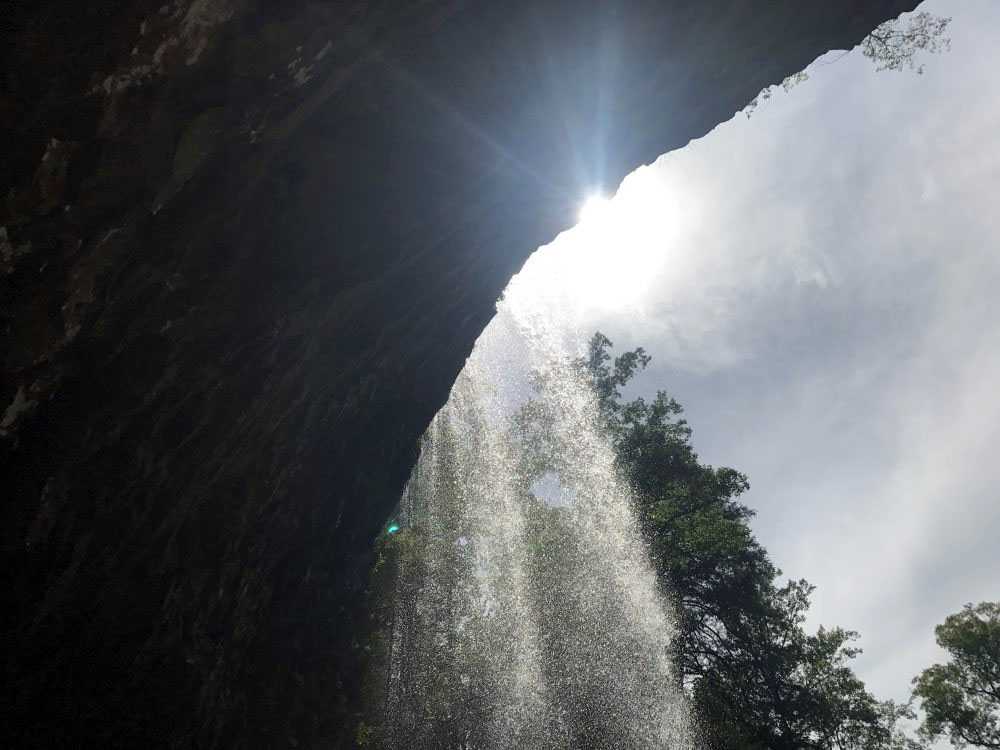 Background photograph of the back of a waterfall, facing the sun